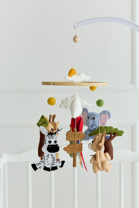 Safari baby mobile with felt animals and baobab trees