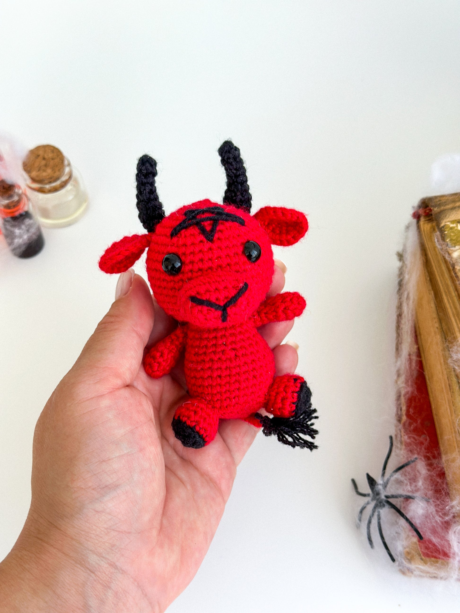 occult Baphomet amigurumi doll with embroidered details, car charm idea