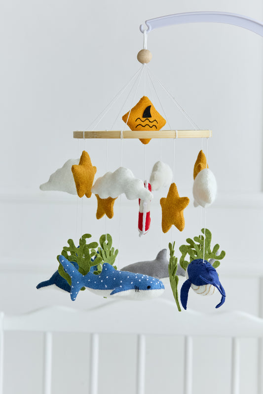 Felt shark and whale baby mobile for ocean nursery