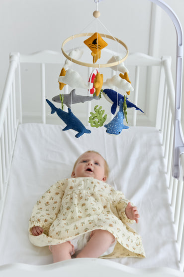 Felt shark and whale baby mobile for ocean nursery