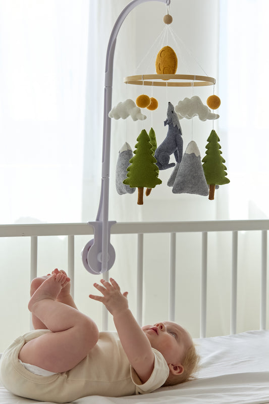 Felt wolf howling at the moon in handmade baby mobile