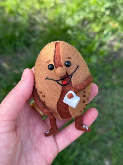 Smiling Felt Coffee Bean Plush Toy with Tiny Cup – Handmade Gift for Coffee Lovers