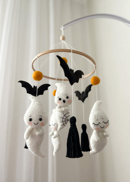 Ghost and Bat Baby Mobile – Halloween Nursery Decor in Black & White