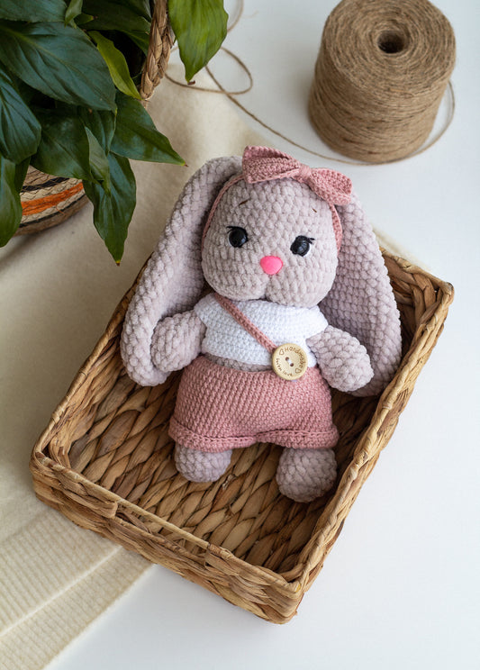 Handmade Pastel Knitted Rabbit in Overalls, knitted bunny, handmade bunny toy, crochet Rabbit plushie, amigurumi Rabbit, baby shower gift