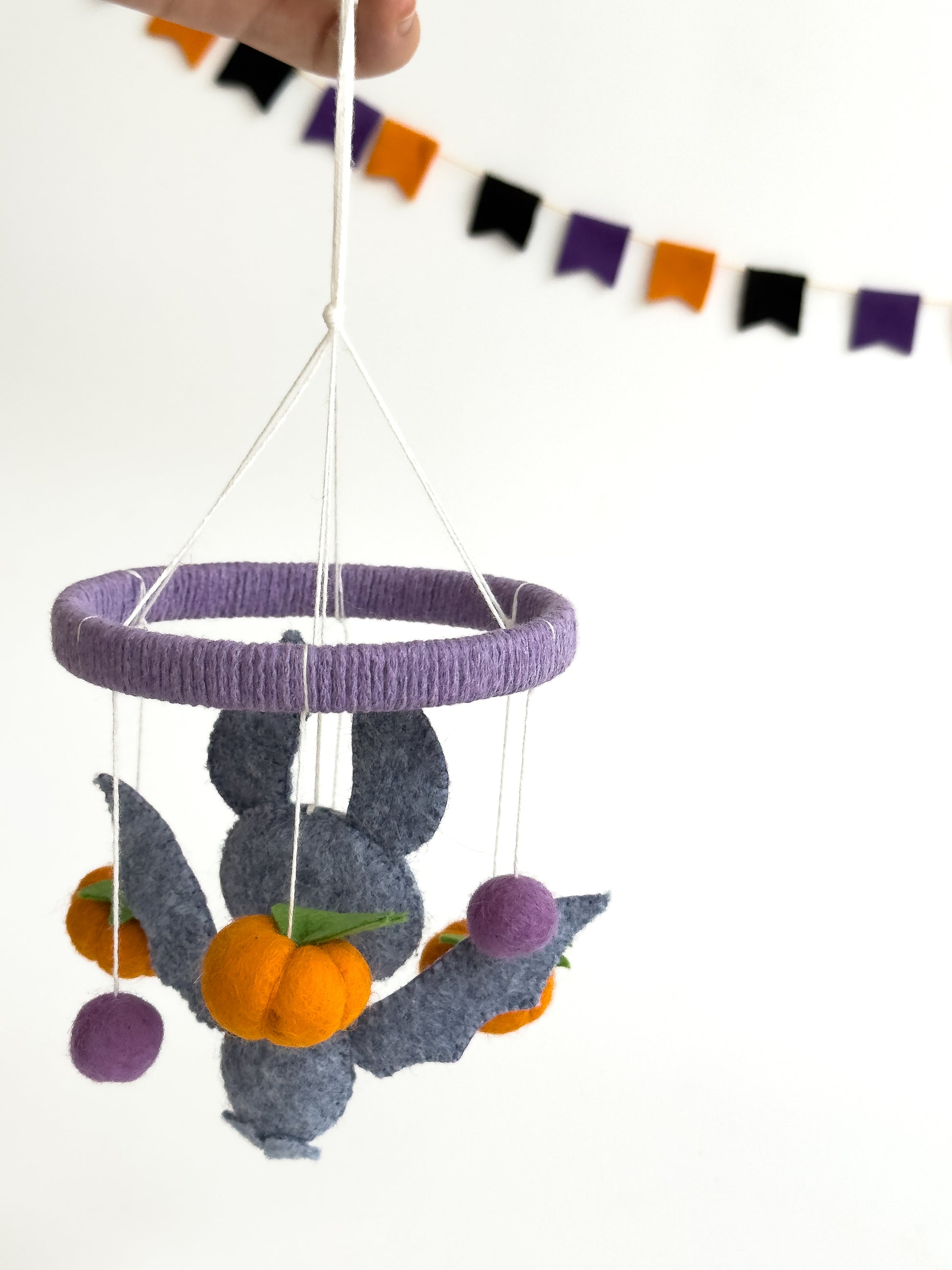 Spooky cute bat crib mobile decor in purple and orange