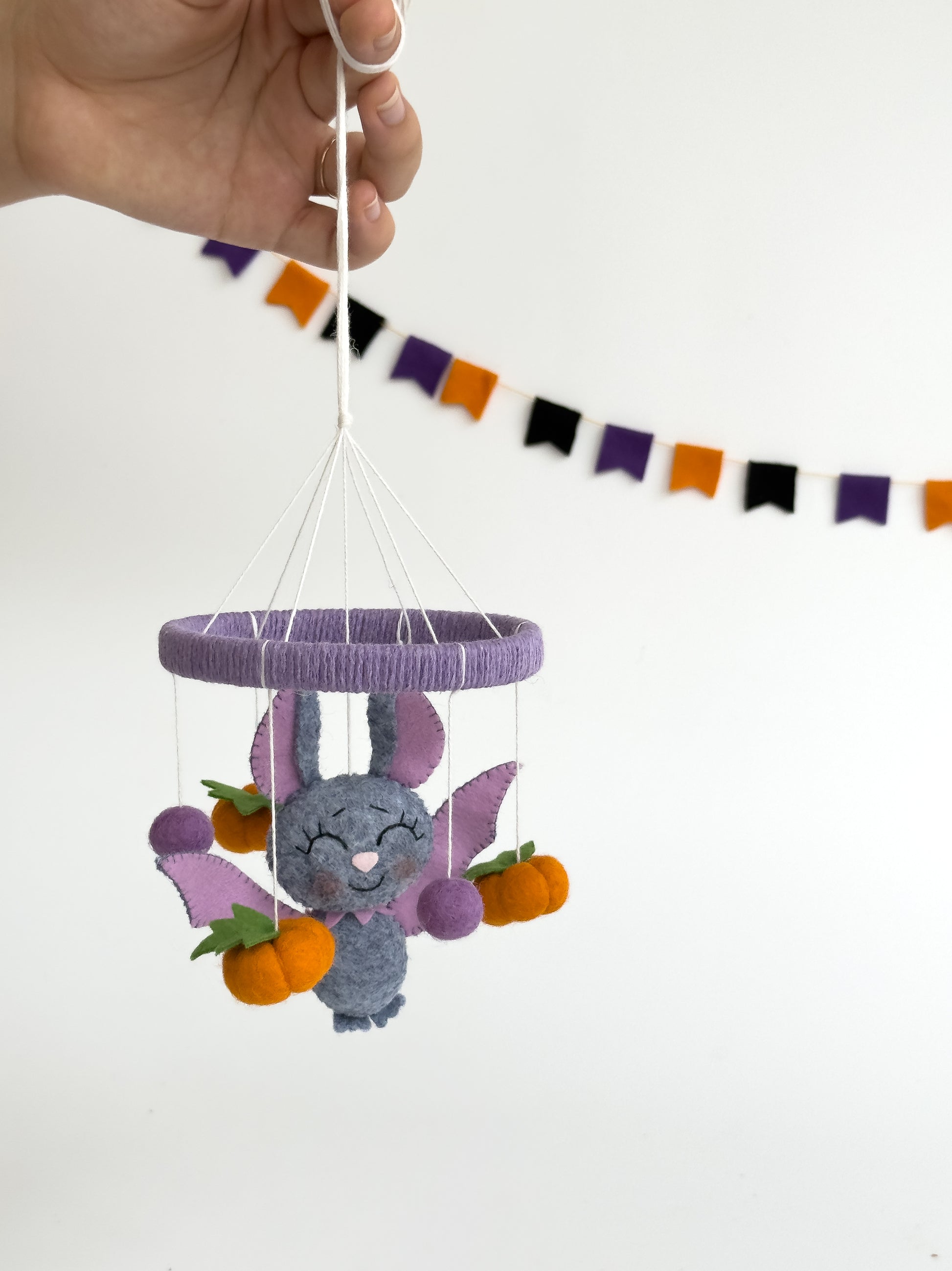 WoollyFox handmade felt mobile with bat and pumpkins for crib