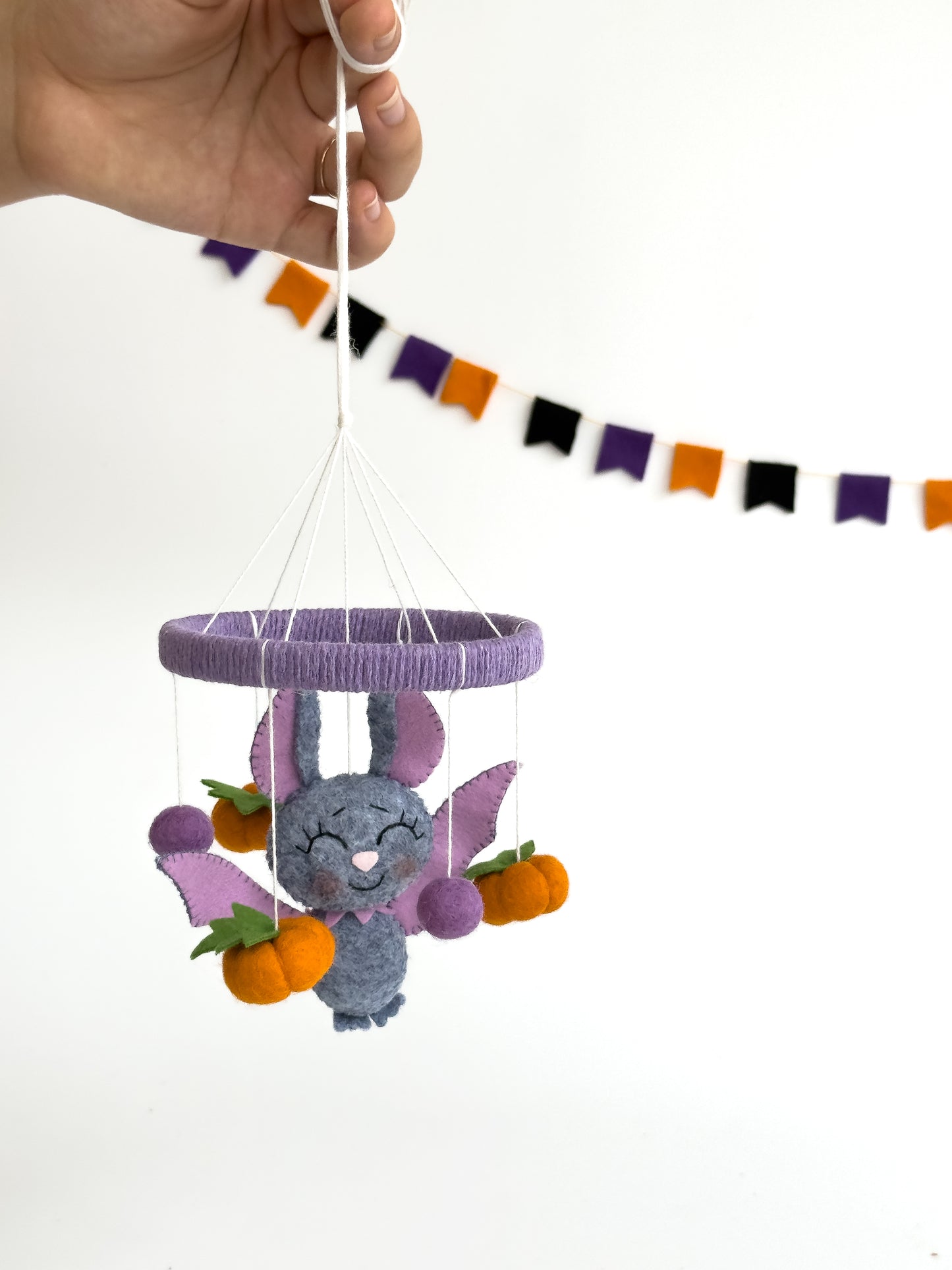 Bat Baby Mobile – Halloween Felt Crib Mobile with Pumpkins & Bows
