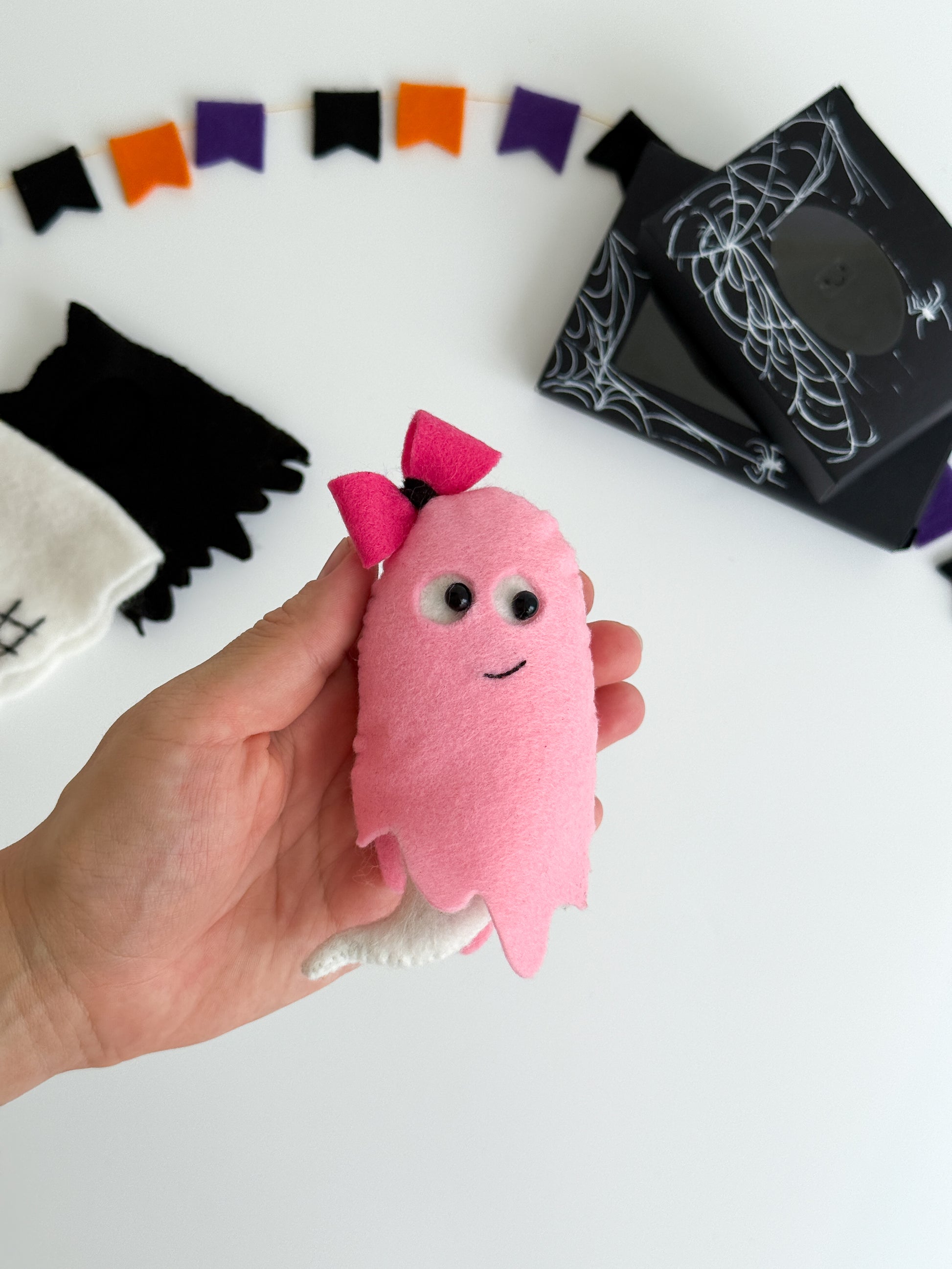 Cute felt ghost with pink dress and bow – handmade Halloween toy for kids