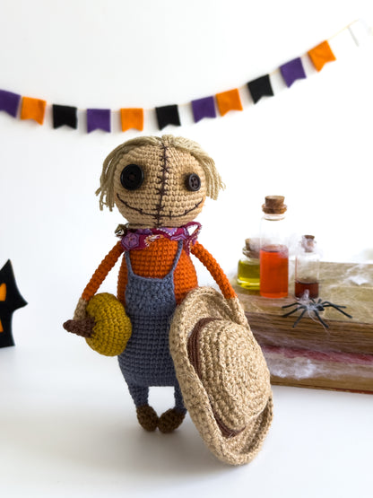 Amigurumi scarecrow doll for fall tiered tray decor