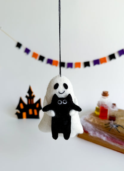 Ghost Plush with Black Cat – Handmade Halloween Felt Decoration