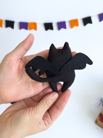 Bat Cat Plush – Black Felt Halloween Cat with Wings – Handmade Spooky Cute Gothic Decoration
