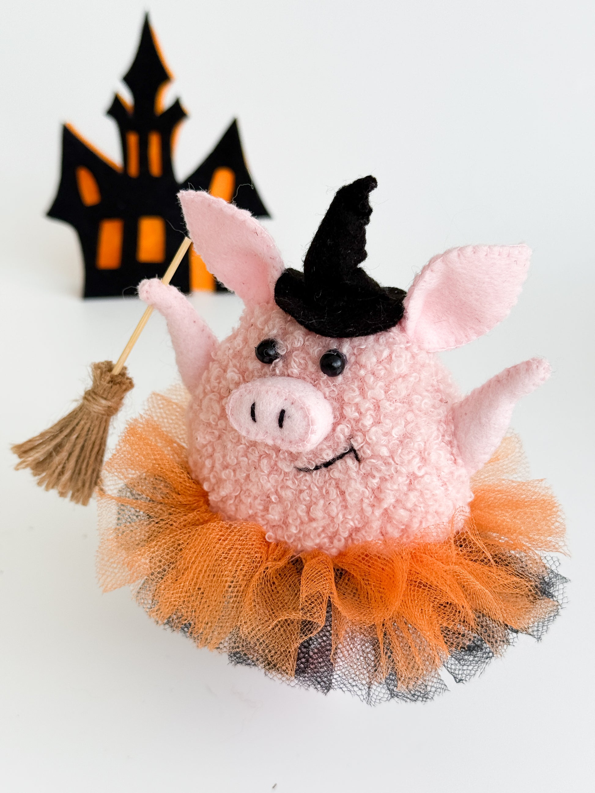 gothic soft toy pig made of boucle, felt and tulle