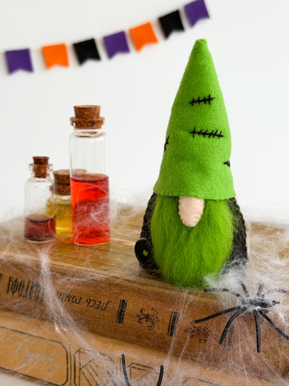 Green felt Halloween gnome with stitched hat and wool beard