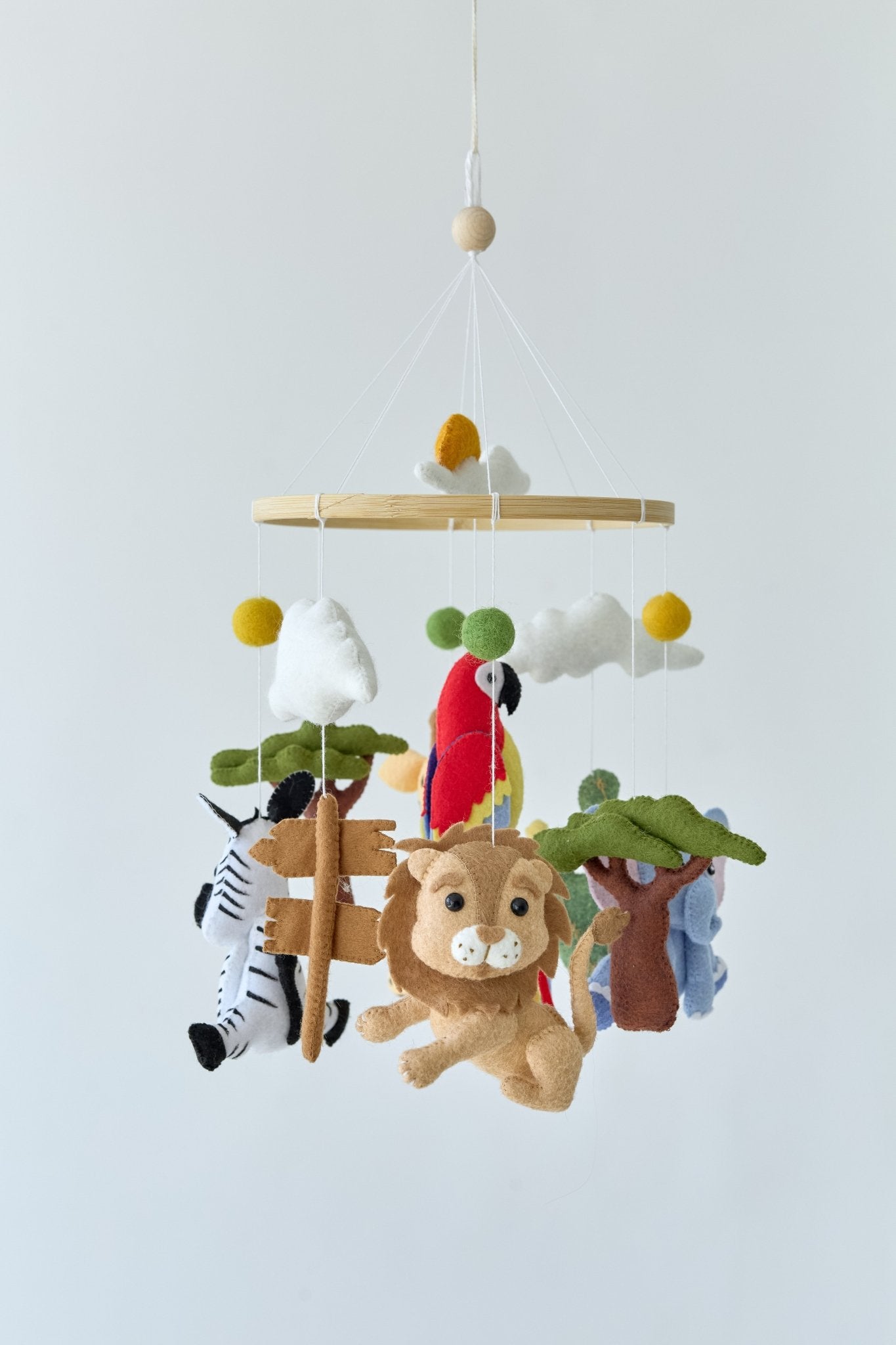 African Safari Baby Mobile – Handmade Jungle Crib Mobile with Elephant, Giraffe, Zebra, Lion, and Parrot - WoollyFox