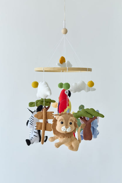 African Safari Baby Mobile – Handmade Jungle Crib Mobile with Elephant, Giraffe, Zebra, Lion, and Parrot - WoollyFox