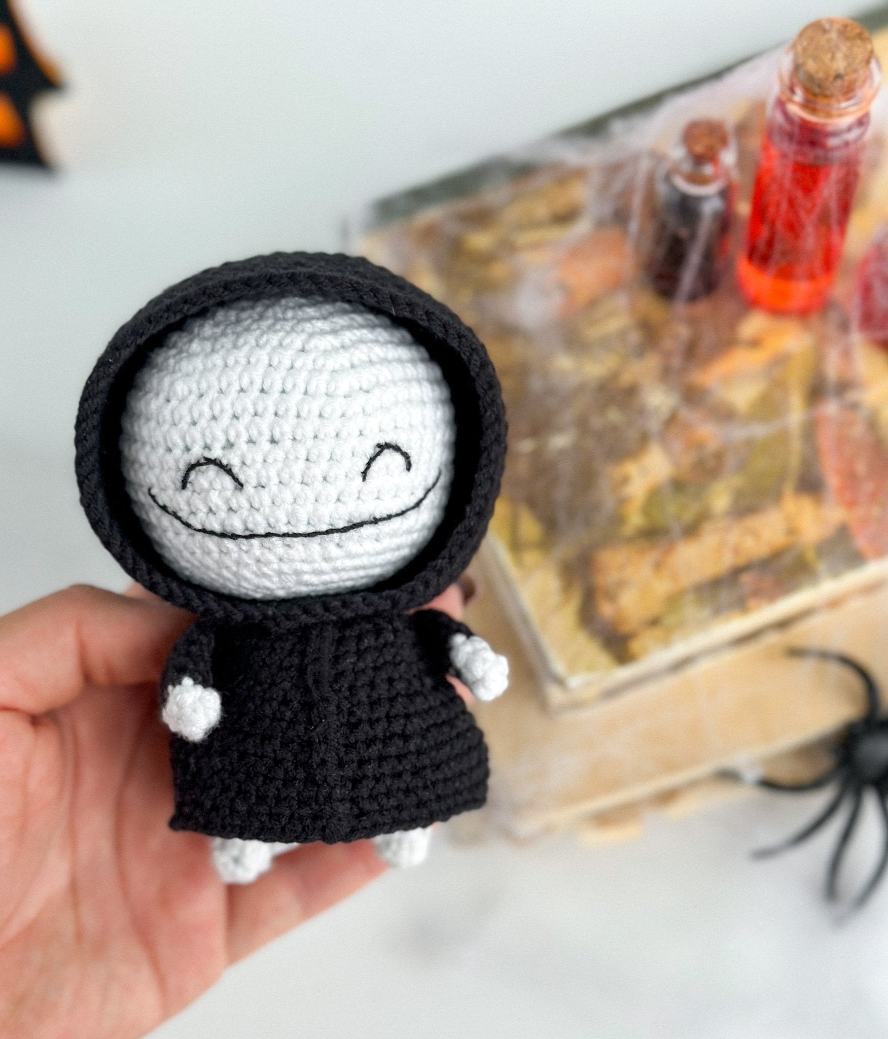 Amigurumi Grim Reaper Doll – Halloween Crochet Death with Scythe | Handmade Halloween Decor | Spooky Gothic Plush Toy - WoollyFox