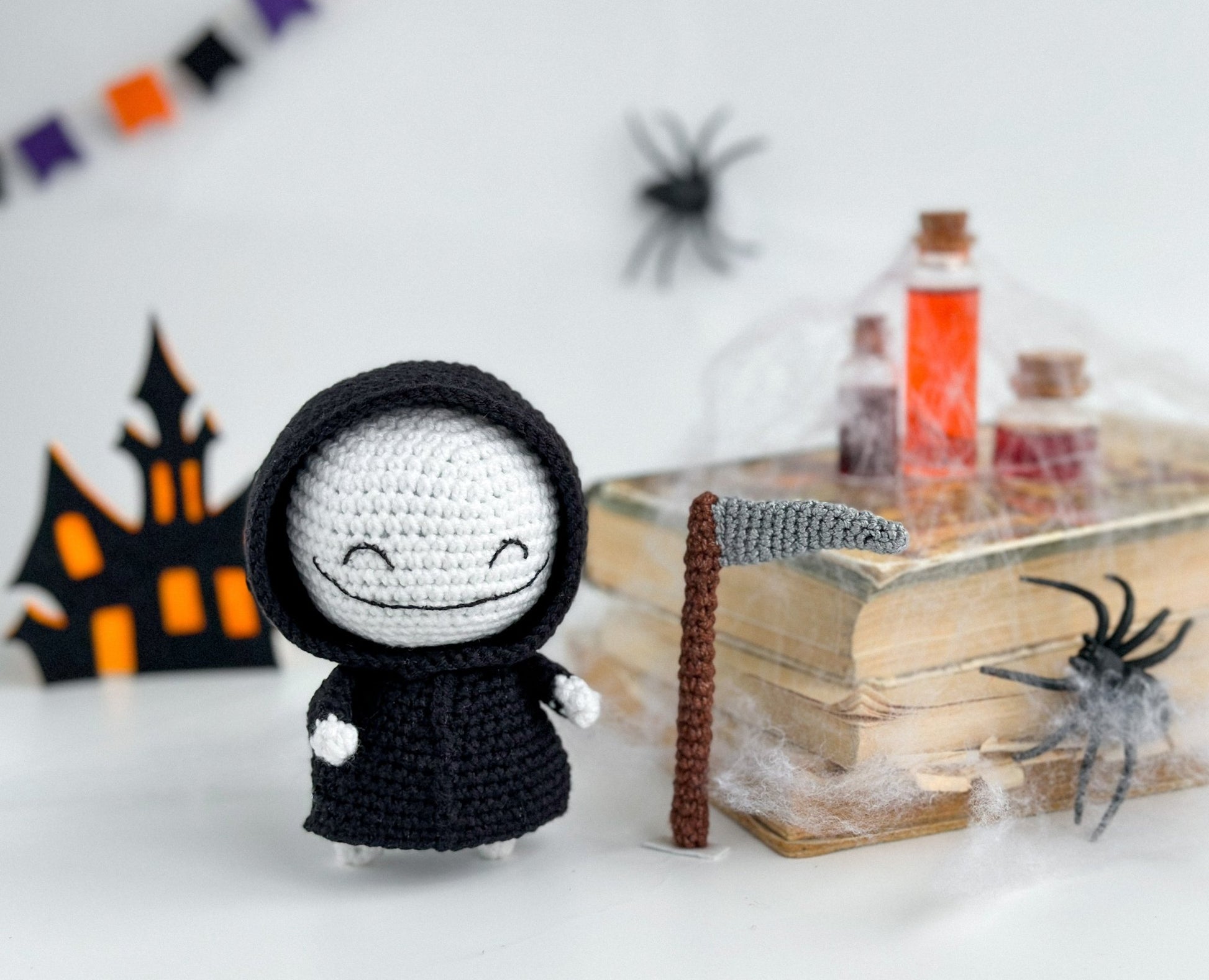 Amigurumi Grim Reaper Doll – Halloween Crochet Death with Scythe | Handmade Halloween Decor | Spooky Gothic Plush Toy - WoollyFox