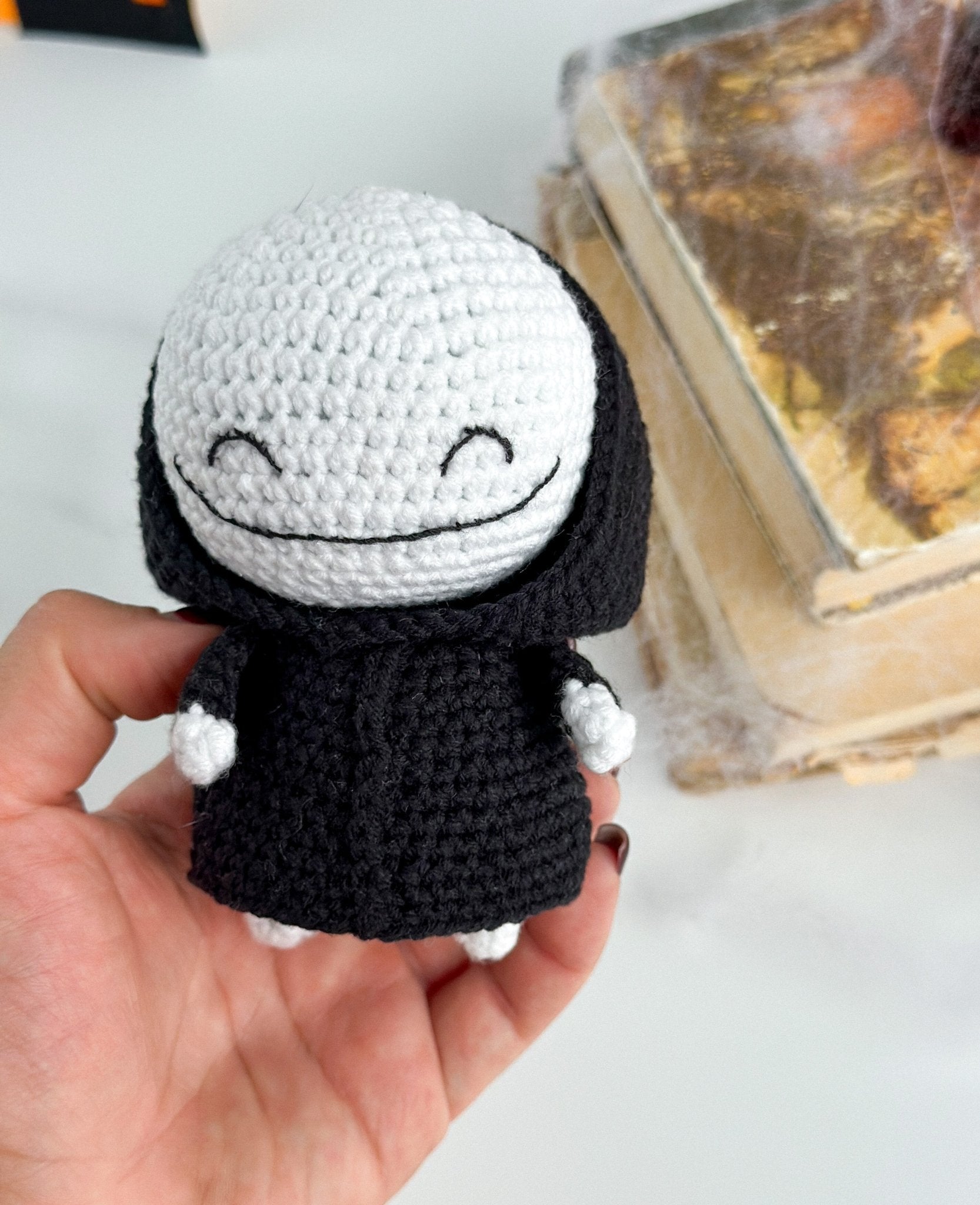 Amigurumi Grim Reaper Doll – Halloween Crochet Death with Scythe | Handmade Halloween Decor | Spooky Gothic Plush Toy - WoollyFox