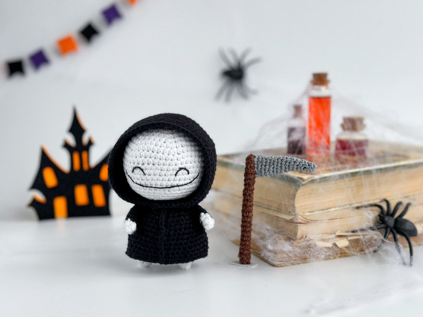 Amigurumi Grim Reaper Doll – Halloween Crochet Death with Scythe | Handmade Halloween Decor | Spooky Gothic Plush Toy - WoollyFox
