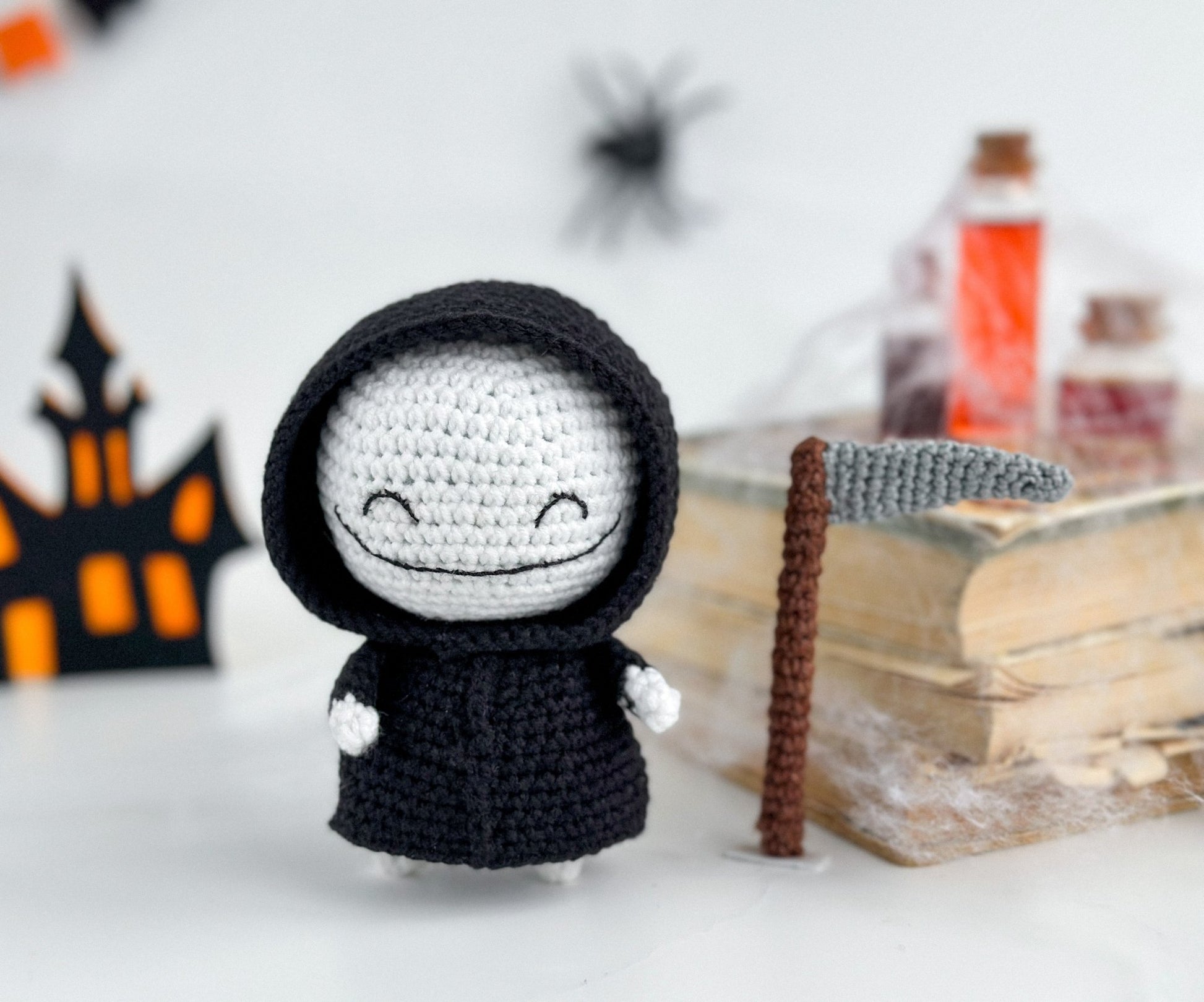 Amigurumi Grim Reaper Doll – Halloween Crochet Death with Scythe | Handmade Halloween Decor | Spooky Gothic Plush Toy - WoollyFox