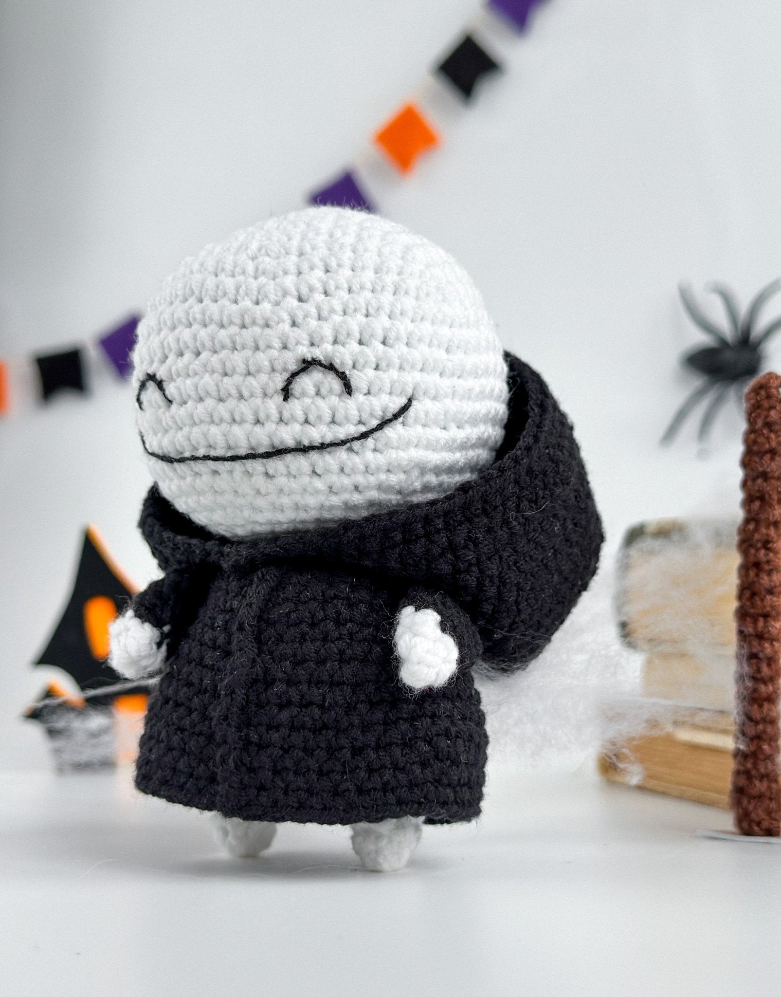 Amigurumi Grim Reaper Doll – Halloween Crochet Death with Scythe | Handmade Halloween Decor | Spooky Gothic Plush Toy - WoollyFox