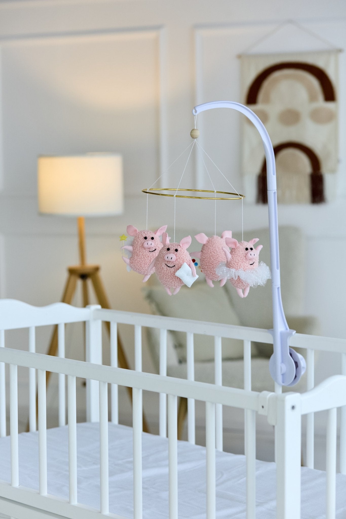 Baby Crib Mobile “Happy Piggies” – Felt and Boucle Farm Animal Mobile for Newborn | Handmade WoollyFox Nursery Decor - WoollyFox
