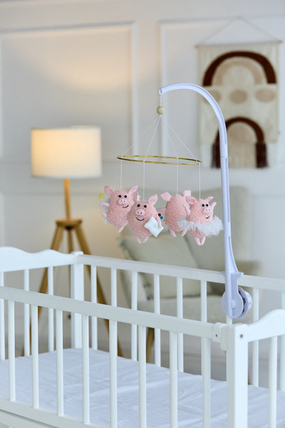 Baby Crib Mobile “Happy Piggies” – Felt and Boucle Farm Animal Mobile for Newborn | Handmade WoollyFox Nursery Decor - WoollyFox