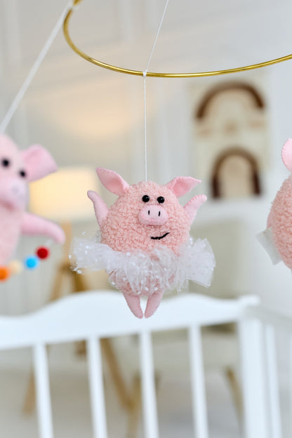 Baby Crib Mobile “Happy Piggies” – Felt and Boucle Farm Animal Mobile for Newborn | Handmade WoollyFox Nursery Decor - WoollyFox