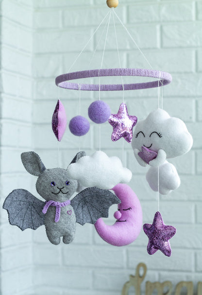 Bat and Cloud Musical Baby Mobile – Lavender Crib Mobile with Moon and Stars - WoollyFox