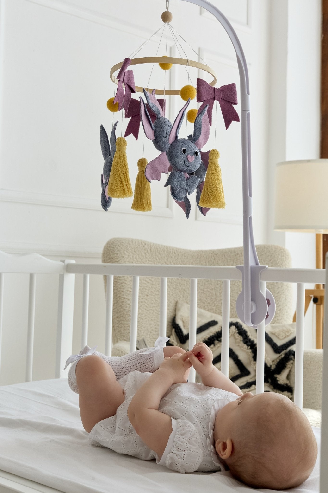 Bat Baby Crib Mobile – Halloween - Inspired Felt Bats with Bows and Tassels - WoollyFox