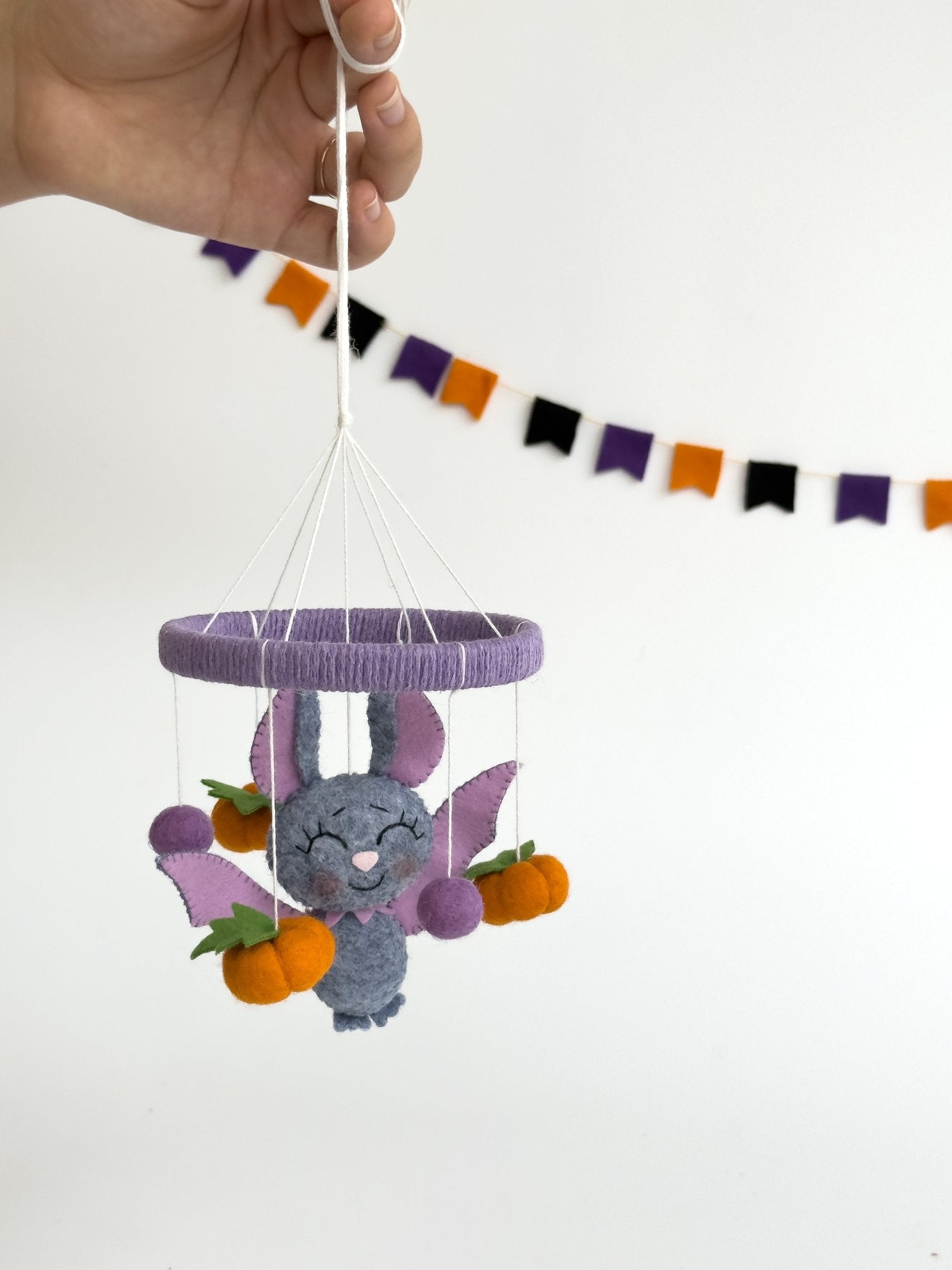Bat Baby Mobile – Halloween Felt Crib Mobile with Pumpkins & Bows - WoollyFox