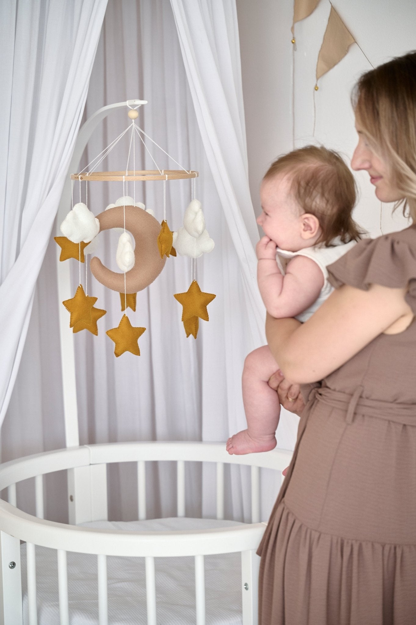Beige Moon & Stars Baby Mobile – Neutral Crib Mobile for Newborn Nursery - WoollyFox