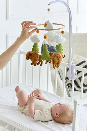 Buffalo Baby Mobile – Handmade Boucle Bison Crib Mobile with Trees, Mountains & Clouds - WoollyFox