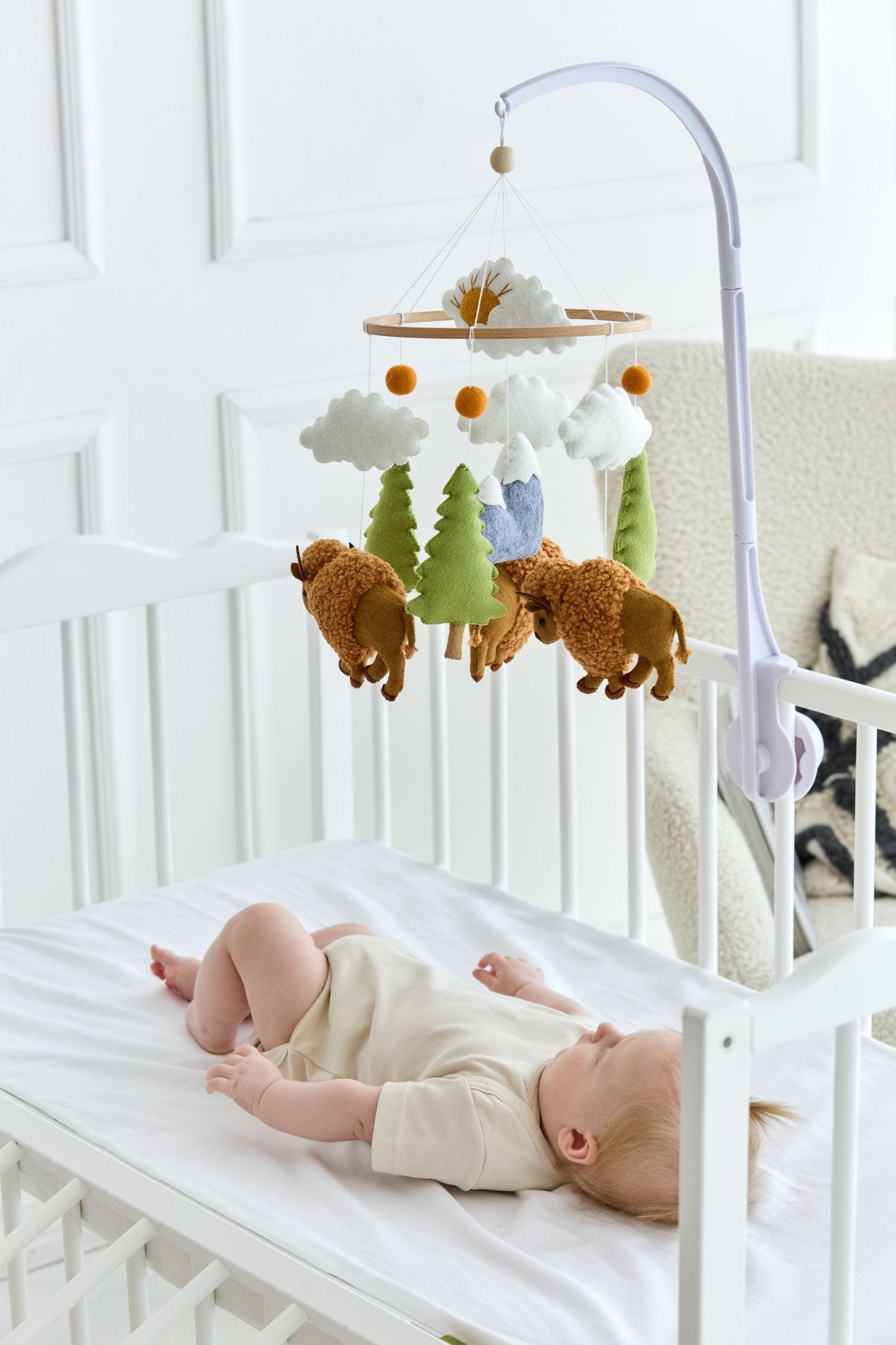 Buffalo Baby Mobile – Handmade Boucle Bison Crib Mobile with Trees, Mountains & Clouds - WoollyFox