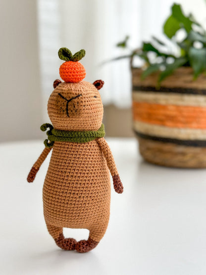 Crochet Capybara Toy with Orange and Scarf – Handmade Amigurumi Gift - WoollyFox