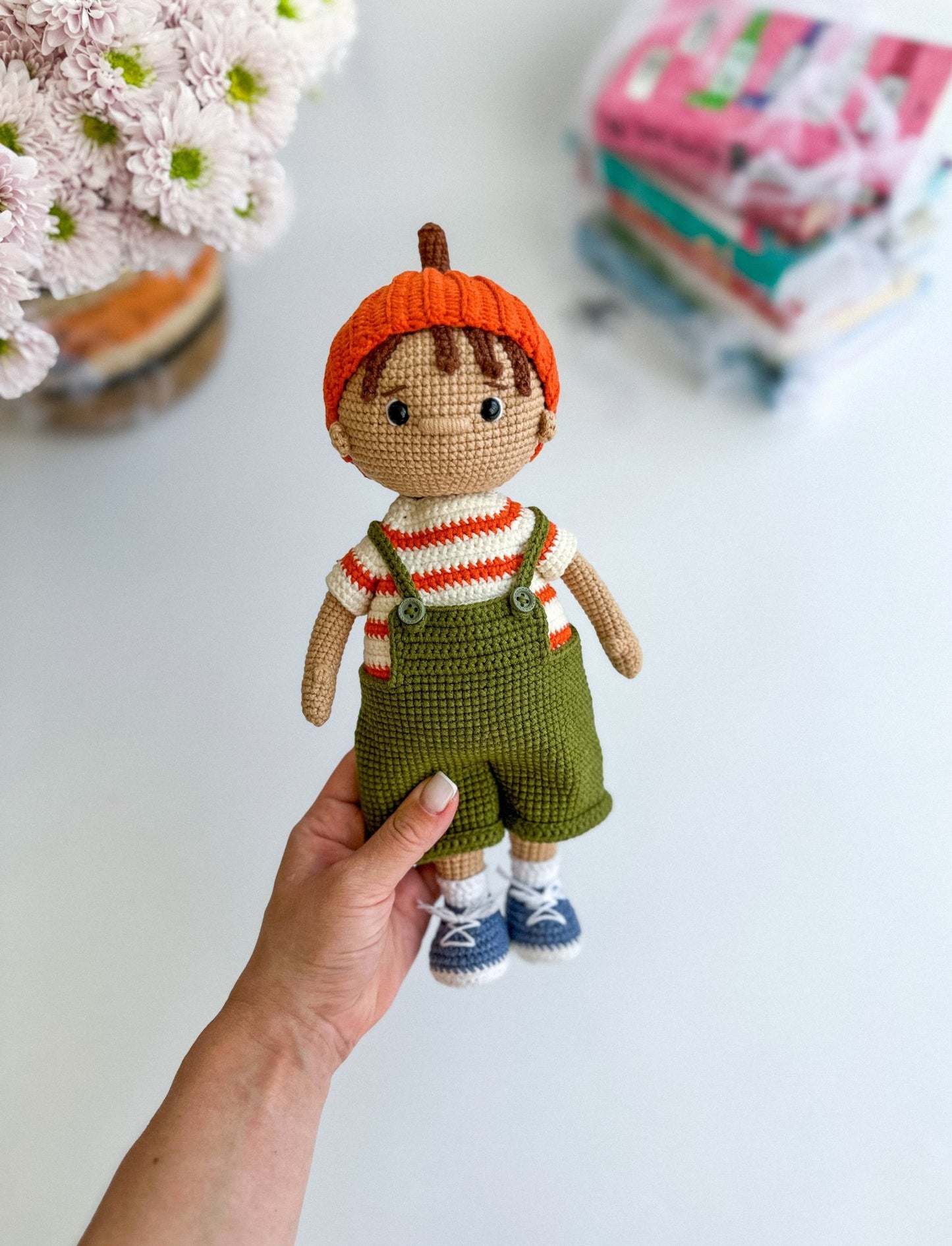Crochet Halloween Boy Doll – Amigurumi Pumpkin Outfit, Trick or Treat Basket, Handmade Fall Decor Gift - WoollyFox