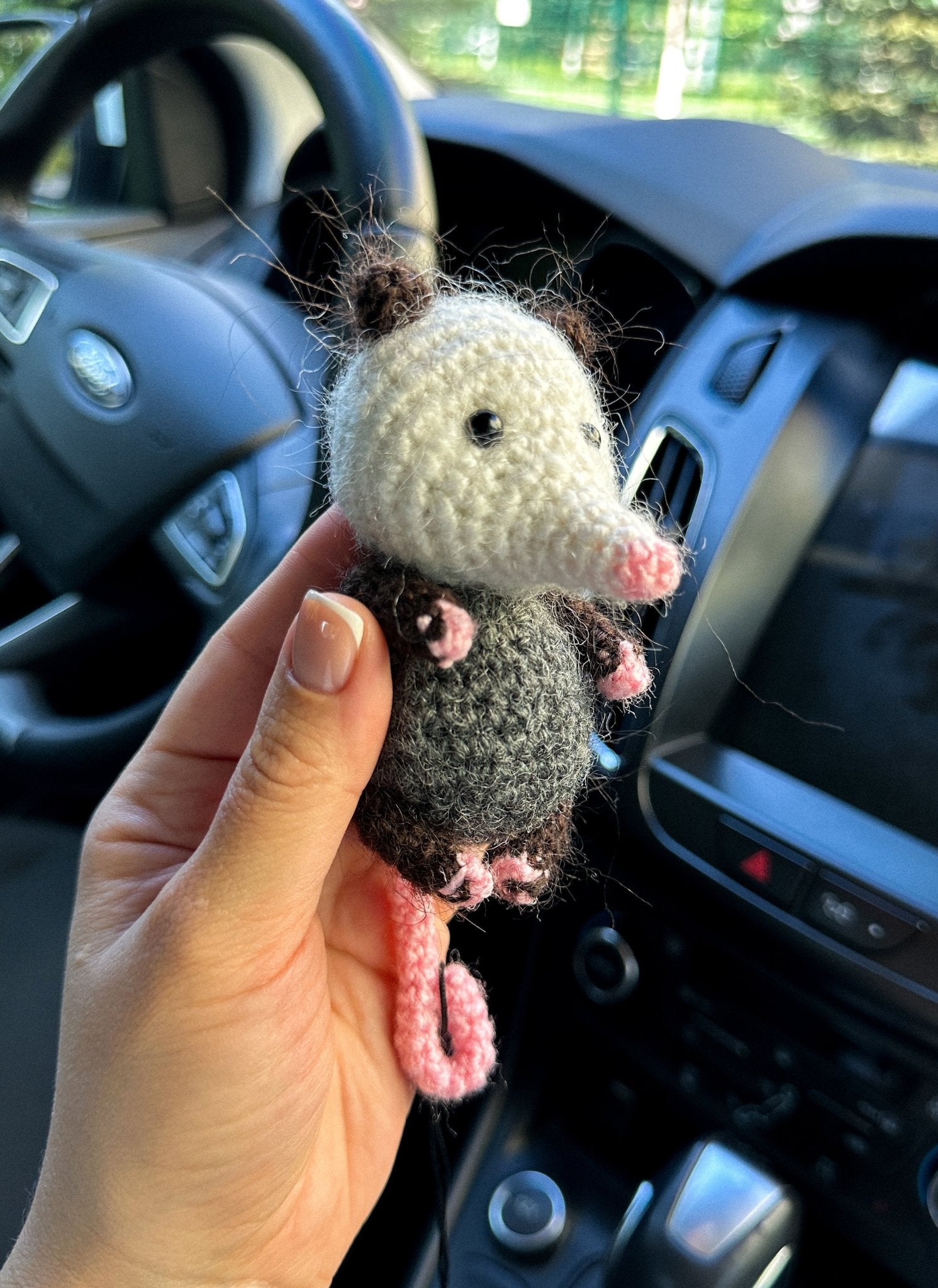 Crochet Opossum Car Charm – Rearview Mirror Hanging Gift Ornament - WoollyFox