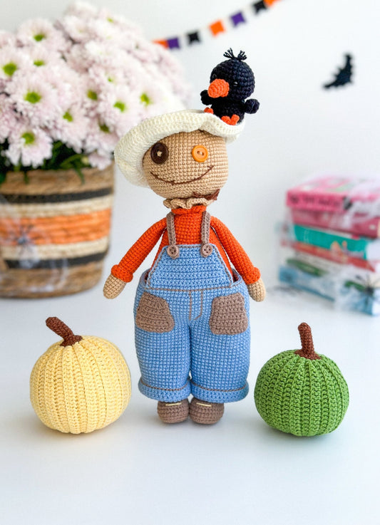 Crochet Scarecrow Doll with Pumpkins & Crow – Handmade Halloween Amigurumi Gift - WoollyFox