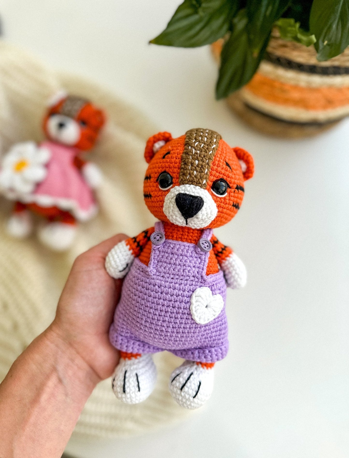 Crochet Tiger Boy Toy in Overalls – Amigurumi Baby Gift Handmade - WoollyFox