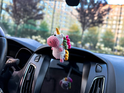 Crochet Unicorn Car Mirror Charm – Amigurumi Rearview Hanger, Cute Plush Car Accessory, Handmade Unicorn Ornament - WoollyFox