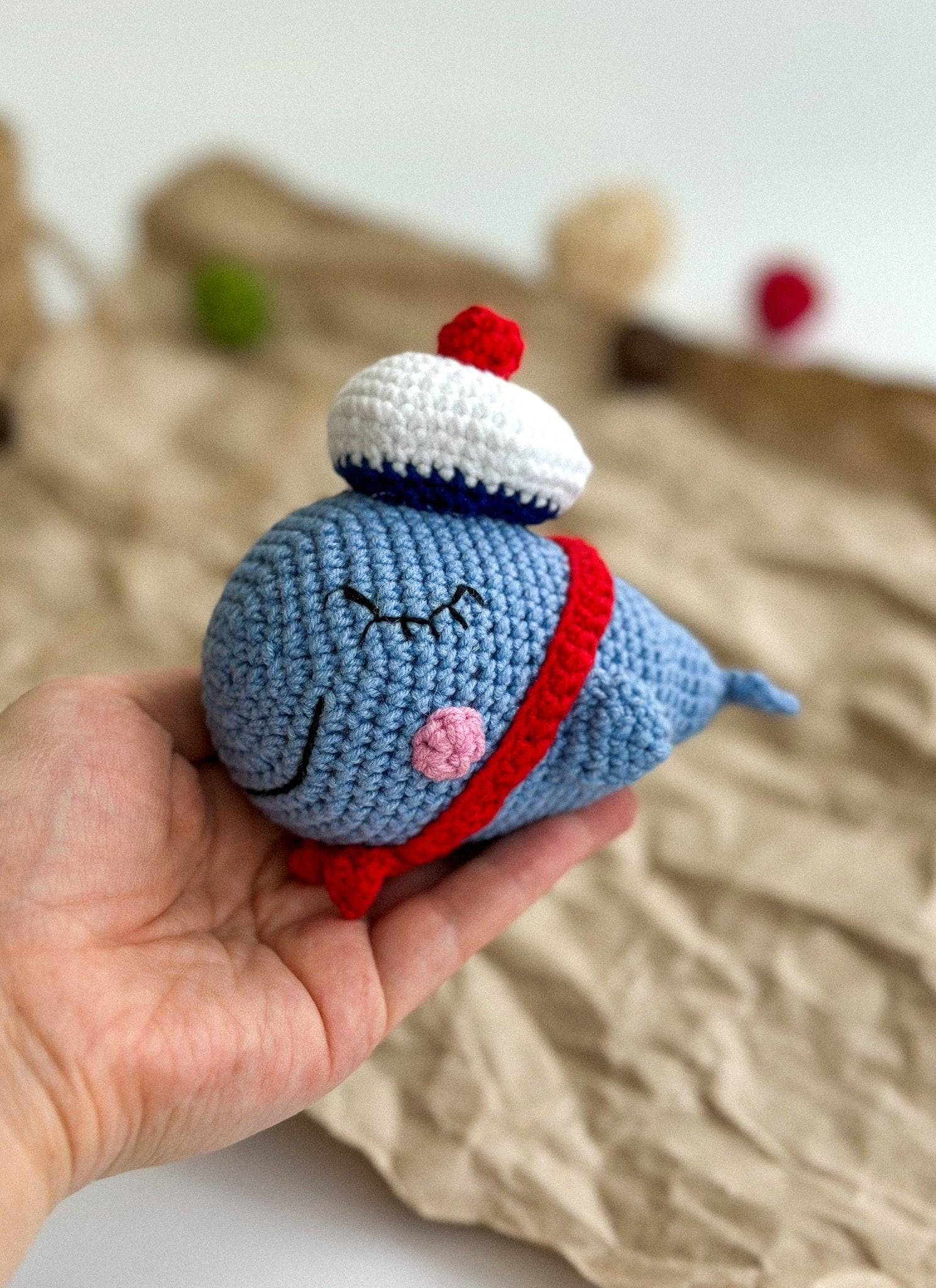 Crochet Whale in a Hat – Handmade Cotton Yarn Amigurumi Plush - WoollyFox