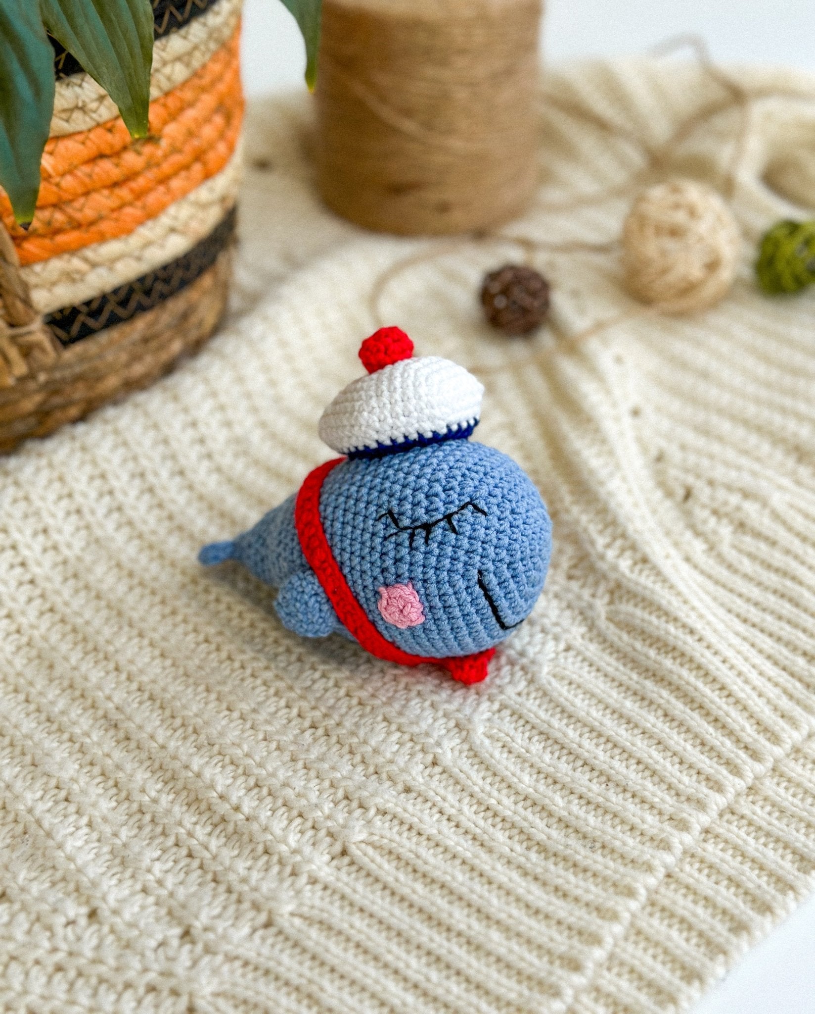 Crochet Whale in a Hat – Handmade Cotton Yarn Amigurumi Plush - WoollyFox