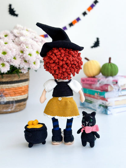 Crochet Witch Girl Doll – Handmade Amigurumi Halloween Gift with Cat - WoollyFox