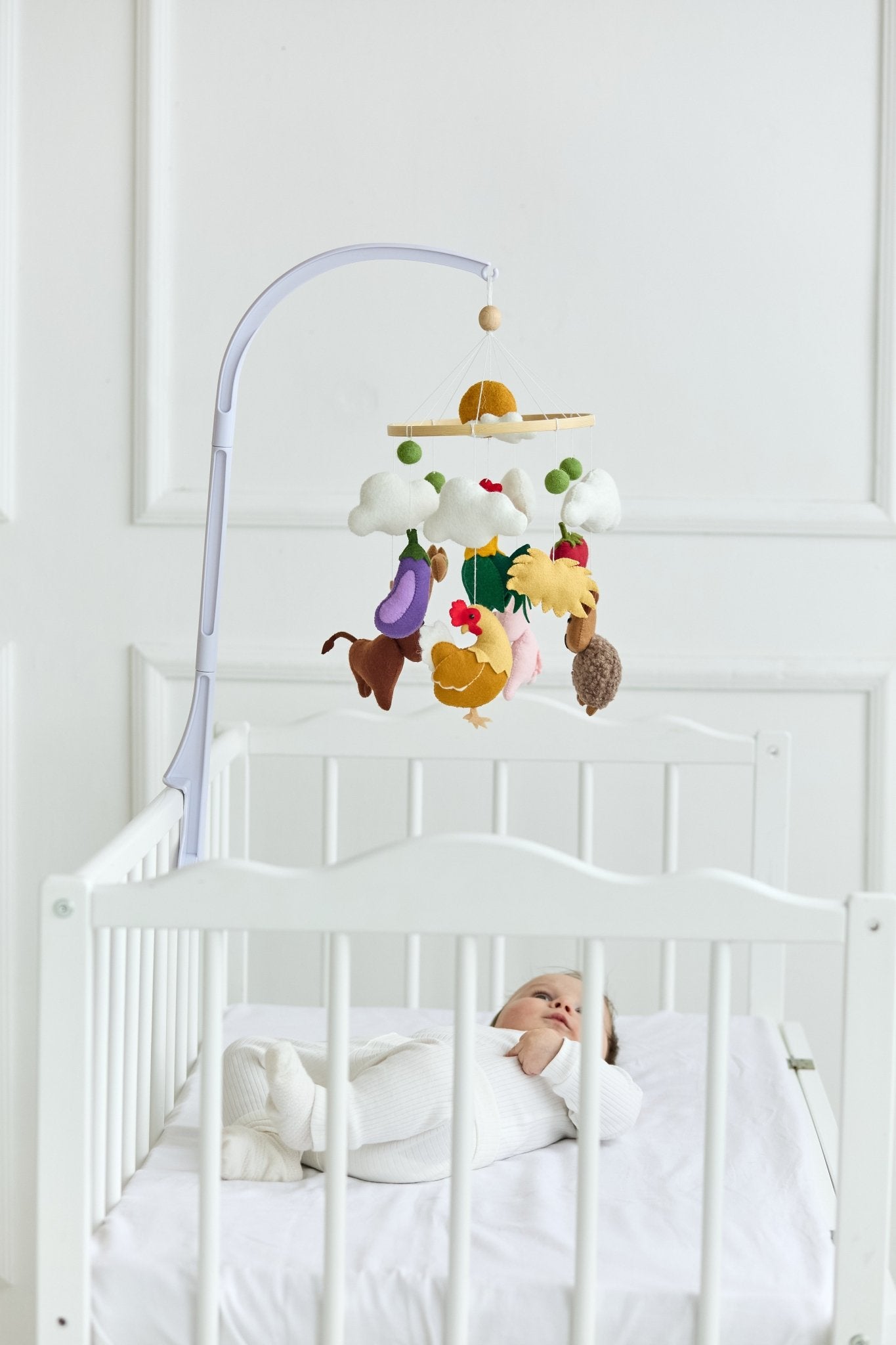 Farm Baby Mobile – Handmade Felt Crib Mobile with Farm Animals and Clouds - WoollyFox