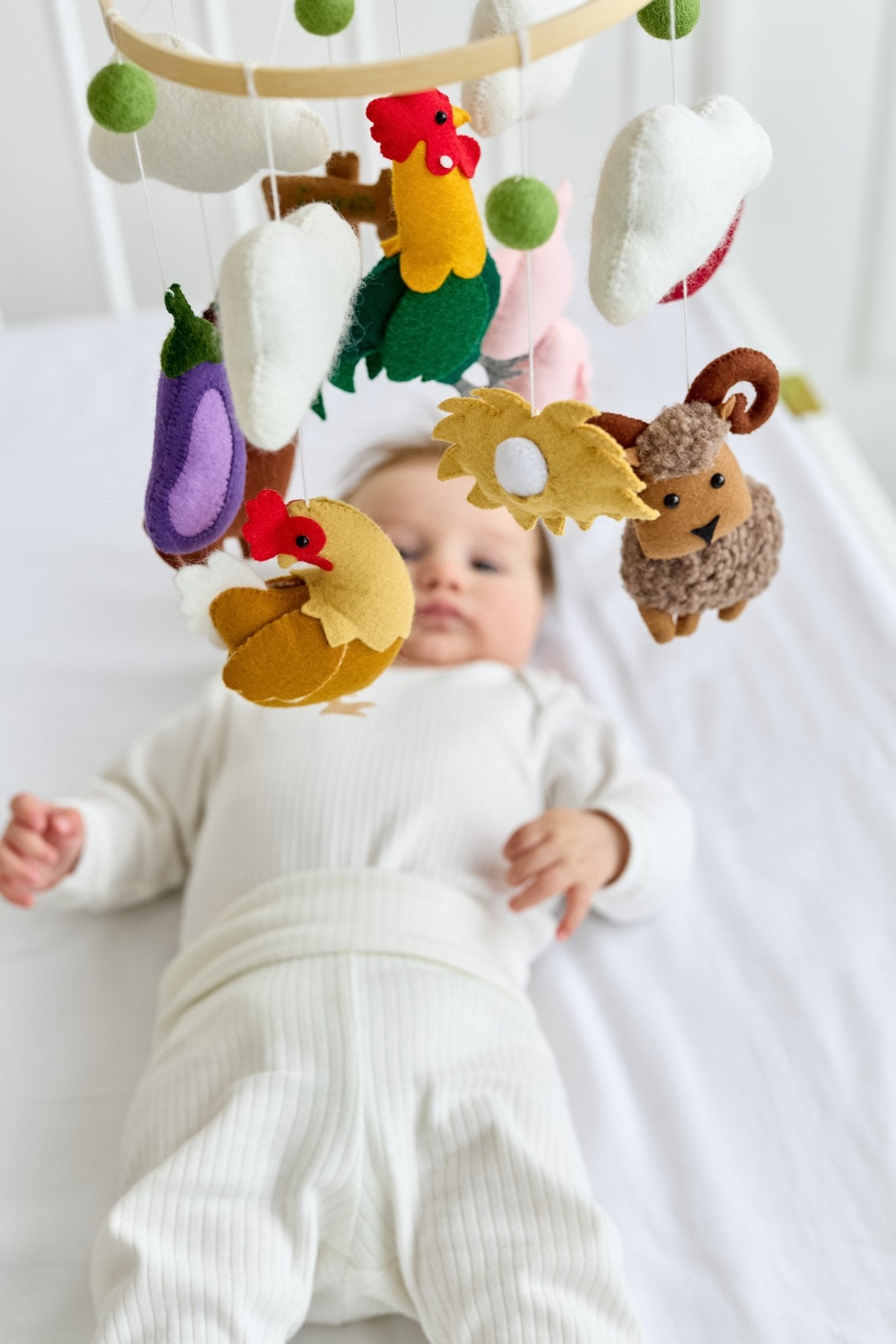 Farm Baby Mobile – Handmade Felt Crib Mobile with Farm Animals and Clouds - WoollyFox