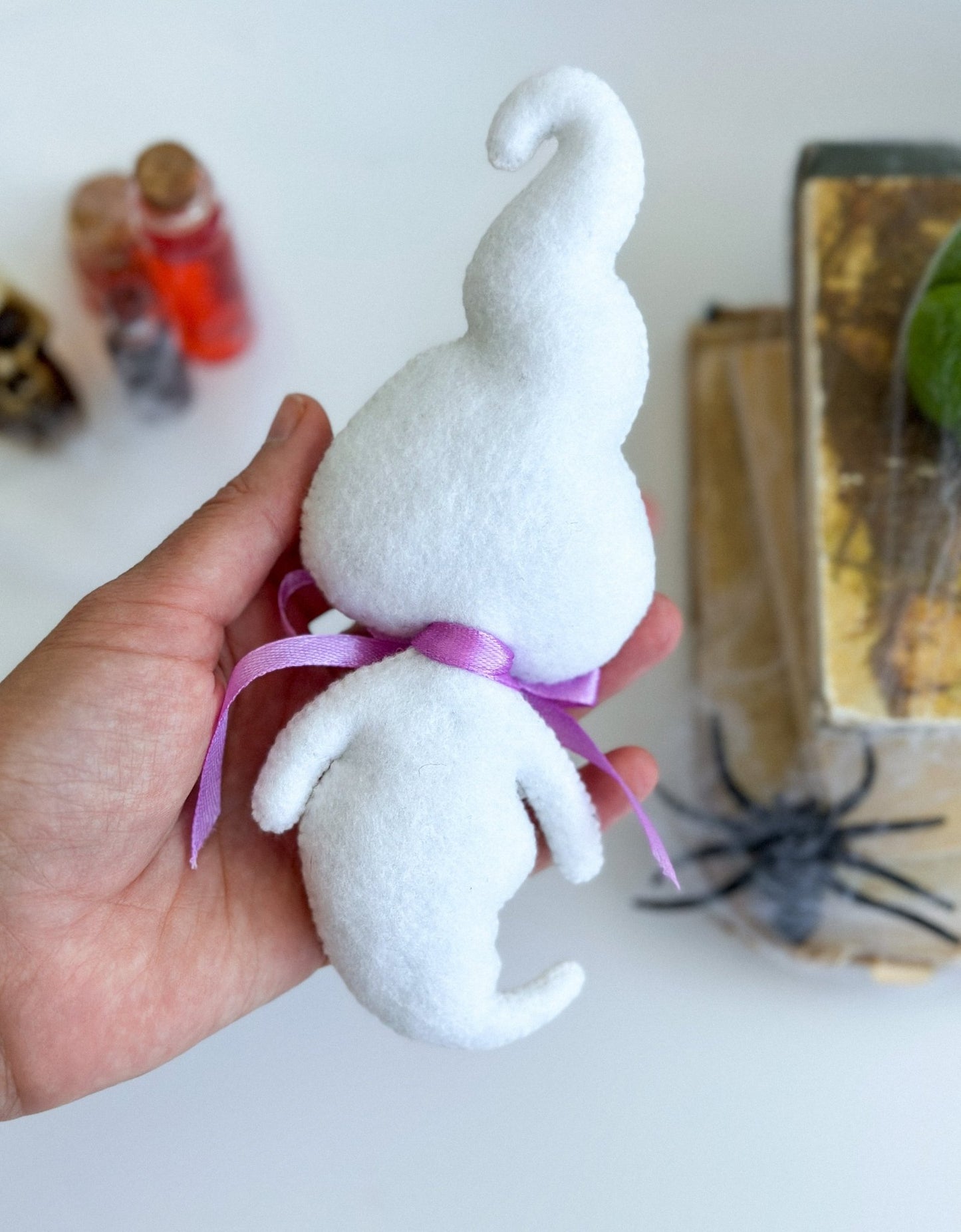 Felt Ghost Halloween Ornament – White Ghost with Orange or Purple Ribbon - WoollyFox