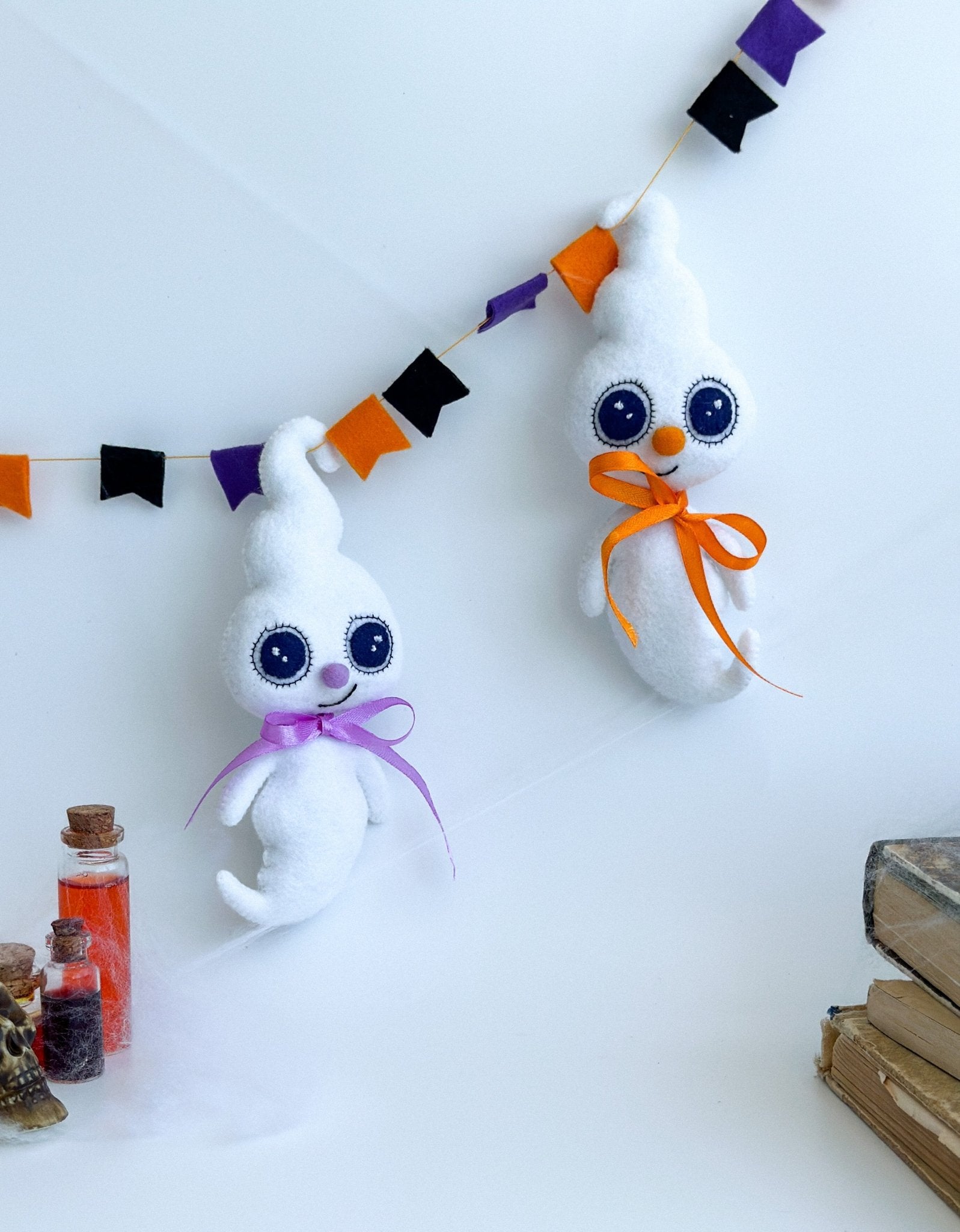 Felt Ghost Halloween Ornament – White Ghost with Orange or Purple Ribbon - WoollyFox