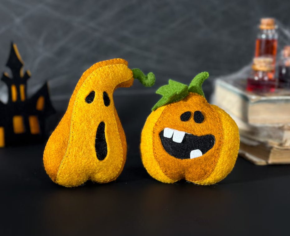 Felt Halloween Pumpkins – Set of 2 Funny Spooky Ornaments for Halloween Decor - WoollyFox