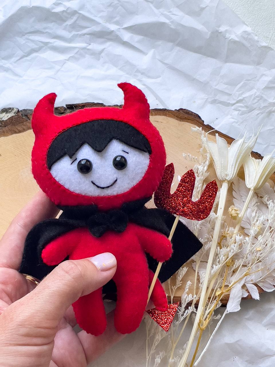 Felt Red Devil Toy – Handmade Halloween Ornament for Kids & Decor - WoollyFox