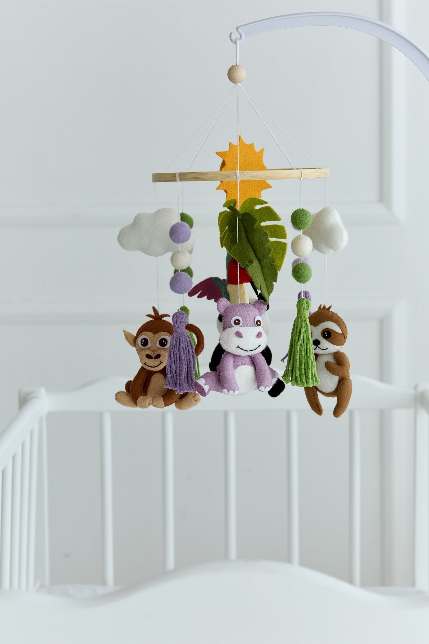 Felt Safari Baby Mobile – Panda, Monkey, Sloth & Hippo Nursery Decor - WoollyFox